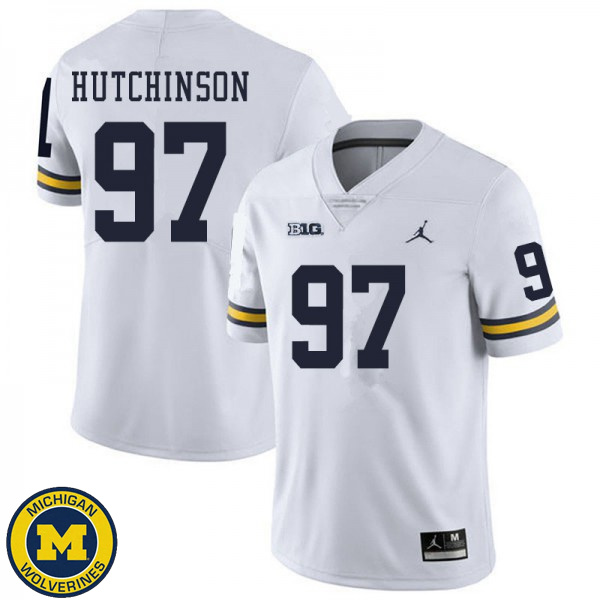 Men Michigan Wolverines #97 Aidan Hutchinson White Embroidery Jersey